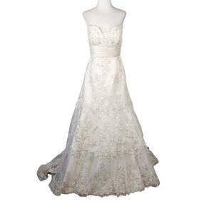 Oleg Cassini Cream Lace Beaded Strapless Wedding Dress Gown Size 2 CWG365